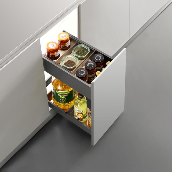 Elite Chef stainless steel pull-out cupboard organiser for 300mm kitchen cabinets, features three tiers for seasoning and pantry storage with soft-close mechanism, popular for modern Australian kitchen renovations.