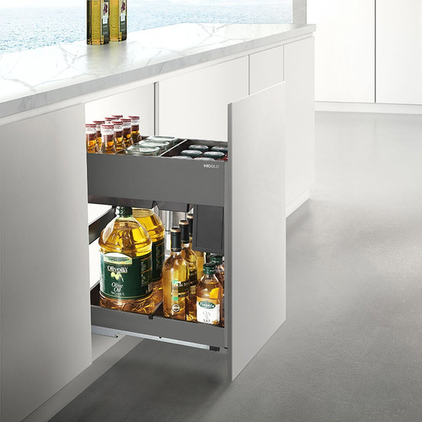Modern pull-out kitchen cupboard organiser featuring 2-tier grey seasoning baskets with rose gold accents for sleek pantry storage in Australia.