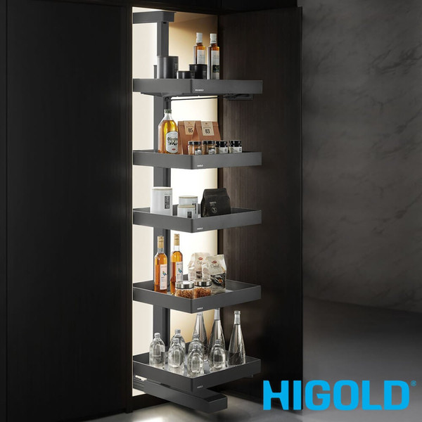 Higold Shearer PRO Space Tower Pull Out Pantry Unit with 6 Anthracite Grey Trays and Soft Close for 600mm Kitchen Cabinets - Renovator Store Australia