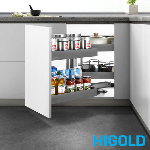 Higold Shearer magic corner kitchen storage unit with titanium grey pull-out baskets for blind corner cabinets in Australia.
