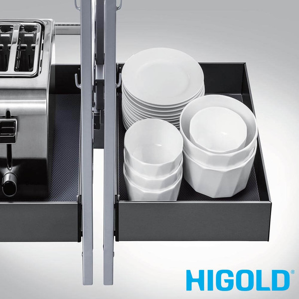HIGOLD Shearer Style Full-Open Show Hand Magic Corner Basket with Anthracite Grey Trays and Titanium Grey Railings for 900mm Blind Corner Kitchen Cabinets in Australia