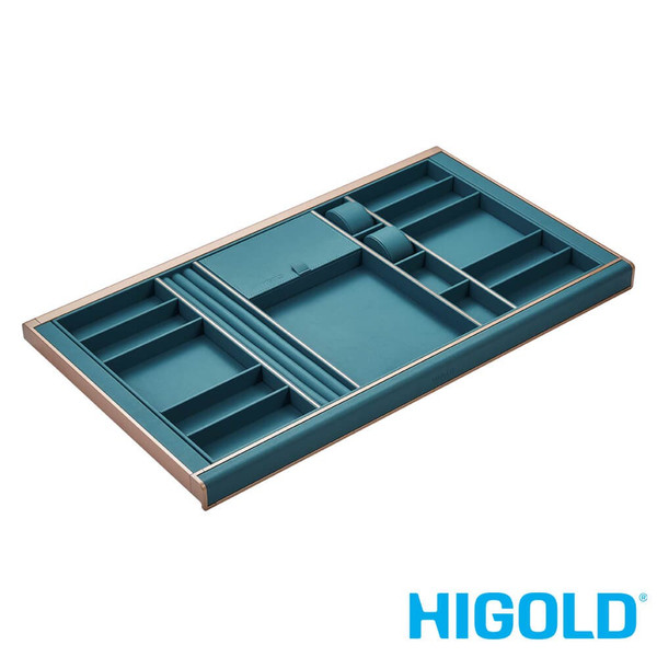 Luxury pull-out jewelry organizer tray for walk-in wardrobes, featuring turquoise teal leather compartments for rings, watches, and accessories, available at Renovator Store Australia.
