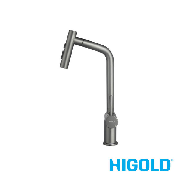 Higold BN1.0 tri-functional pull-out kitchen mixer tap in PVD grey finish, ideal for modern Australian kitchen renovations.