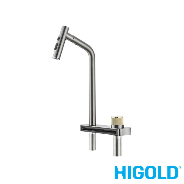 Topmount Waterfall Pull Out Kitchen Mixer Tap in PVD Grey finish, high-quality stainless steel sink faucet for modern Australian kitchens.