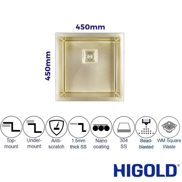 Higold Premium 450mm Gold Single Bowl Kitchen Sink, Bead Blasted Stainless Steel Sink Australia