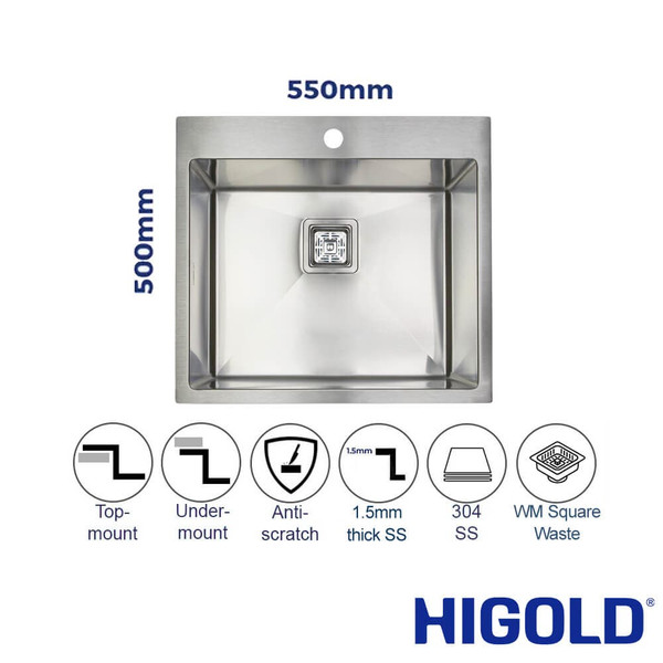 Higold Vanté 550mm Deep Single Bowl Stainless Steel Kitchen Sink with Tap Hole, Modern Brushed Finish Sink Australia