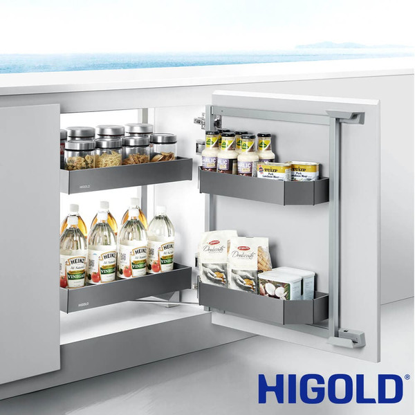 Modern kitchen with a Higold pull-out underbench mini pantry organizer featuring grey baskets, installed in a white cabinet in an Australian home.