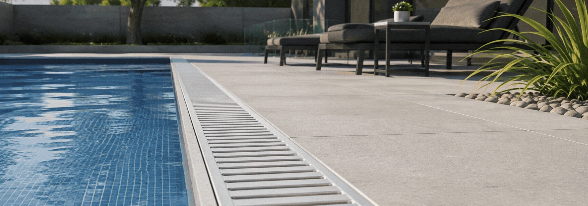 Vehicle-rated anti-slip outdoor grate beside pool