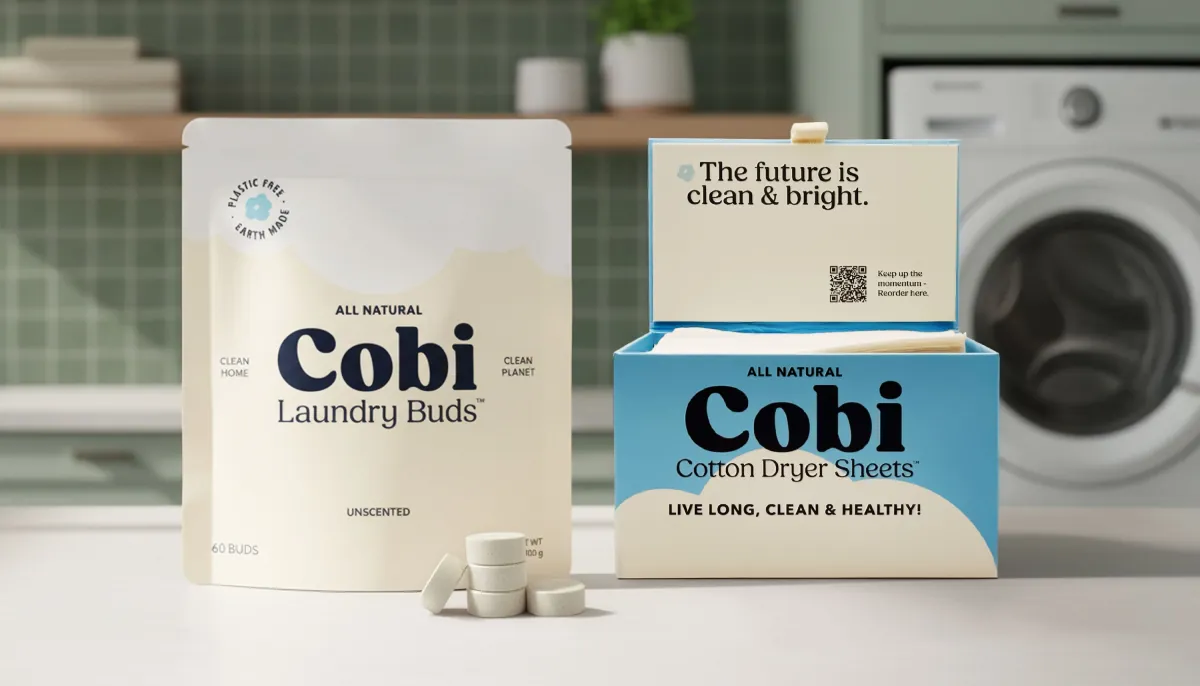Cobi Laundry Buds pouch and Cobi Cotton Dryer Sheets box on a laundry room counter