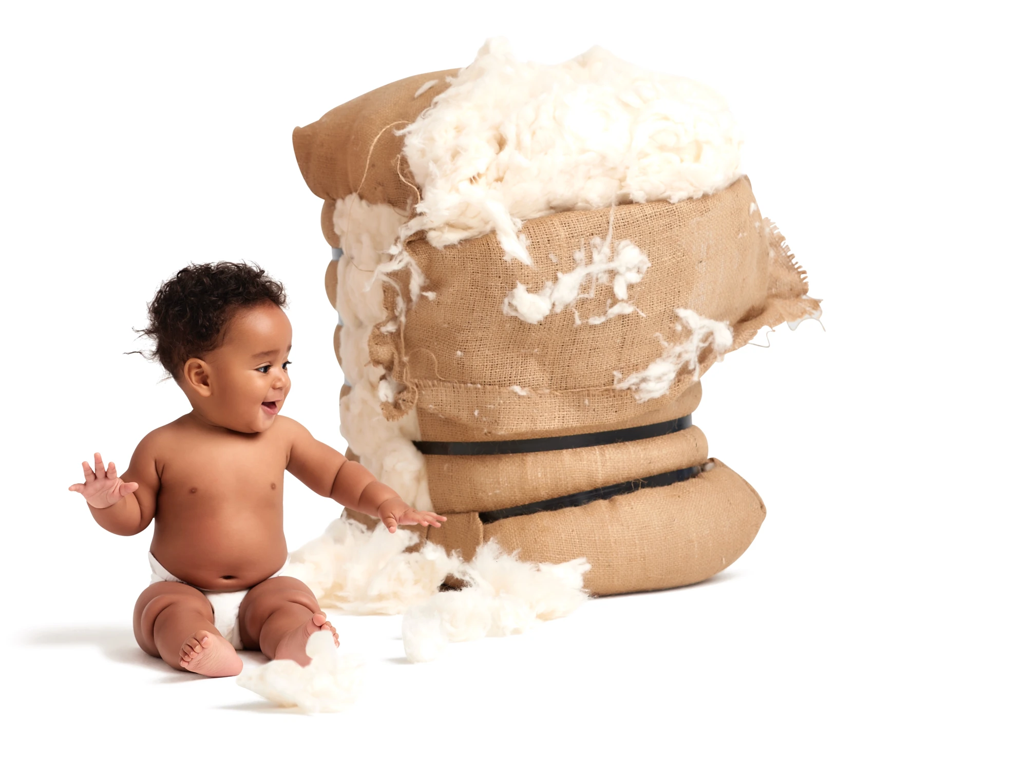 Baby sitting beside a burlap bale of raw cotton