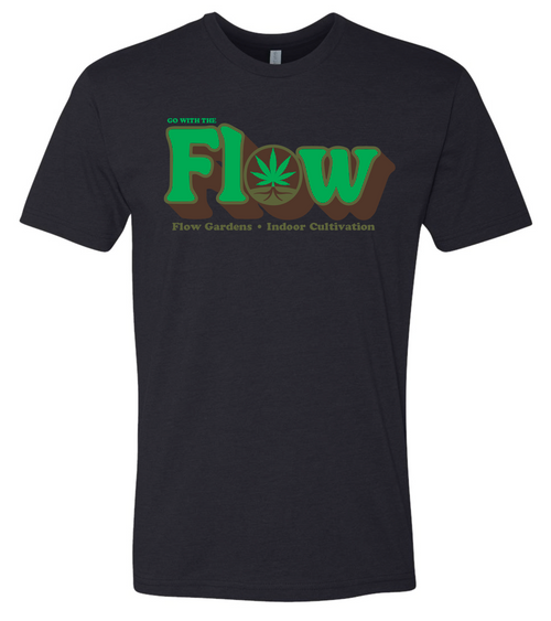 Black Flow Gardens t-shirt with a retro version of the Flow Gardens logo