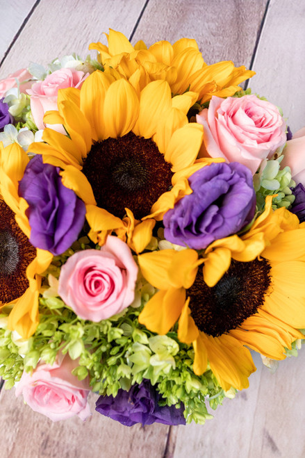 Canasta de Girasoles / Girasol, Rosa Clarita y Hortensia Verde DGO