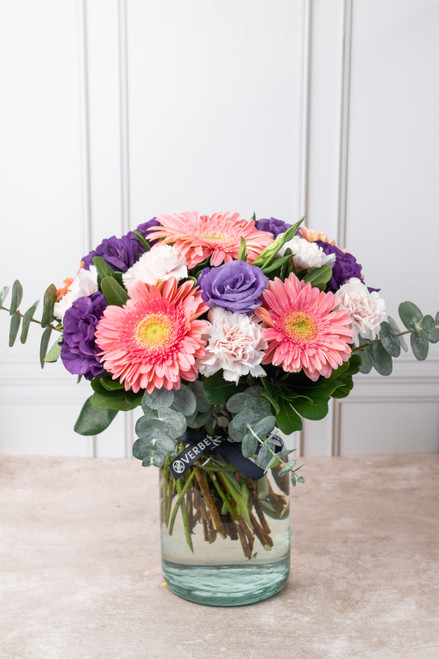 Coral / Gerbera Rosa, Lisianthus Morado y Clavel Rosa DGO