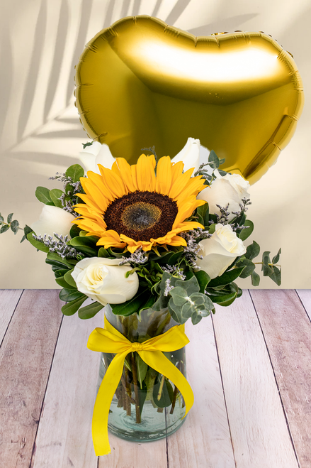 Globo Corazón Amarillo Puesta de Sol - 1 Girasol y Rosa Blanca | Mercado Jamaica 21S