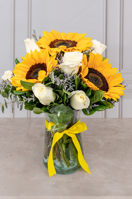 Sol Radiante / 3 Girasoles y Rosa Blanca | 21SF (B)