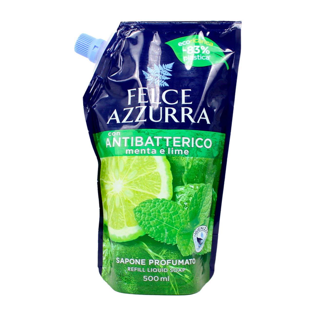 FELCE AZZURRA SAPONE LIQUIDO CON ANTIBATTERICO MENTA e LIME RICARICA BUSTA  500 ML - PiùMe