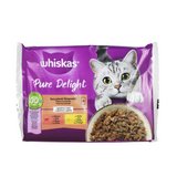 WHISKAS PURE DELIGHT SUCCULENTI STRACCETTI BUSTA 4x85gr MANZO, POLLO IN GELATINA