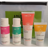 BIOCORE POCHETTE CORPO KIT TRAVEL ADVENTUR 4 PRODOTTI: DOCCIA SHAMPOO, IGIENE INTIMA, CREMA CORPO NUTRIENTE, CREMA MANI. 