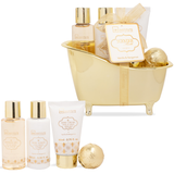IDC INSTITUTE COFANETTO GOLD BATH VANILLE & BERGAMOT SET 4 PEZZI; SHOWER GEL 100 ML + BODY LOTION 100 ML + HAND CREAM 80 ML + BATH BOMB