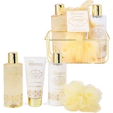 IDC INSTITUTE COFANETTO GOLD ESSENTIAL BATH VANILLA & BERGAMOT 4 PEZZI; SHOWER GEL 210 ML + BODY LOTION 210 ML + HAND CREAM 100 ML + SPUGNA IN RETE