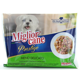 MIGLIOR CANE PRESTIGE BOCCONCINI DELICATI 4 BUSTE DA 100 GRAMMI: 2 BUSTE POLLO PROSCIUTTO E VERDURE - 2 BUSTE VITELLO POLLO E VERDURE