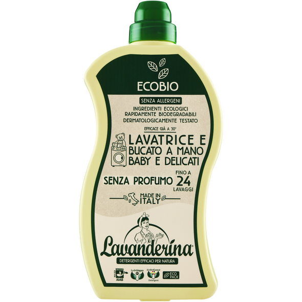 LAVANDERINA ECOBIO LAVATRICE E BUCATO A MANO BABY e DELICATI SENZA PROFUMO 24 LAVAGGI 960 ML