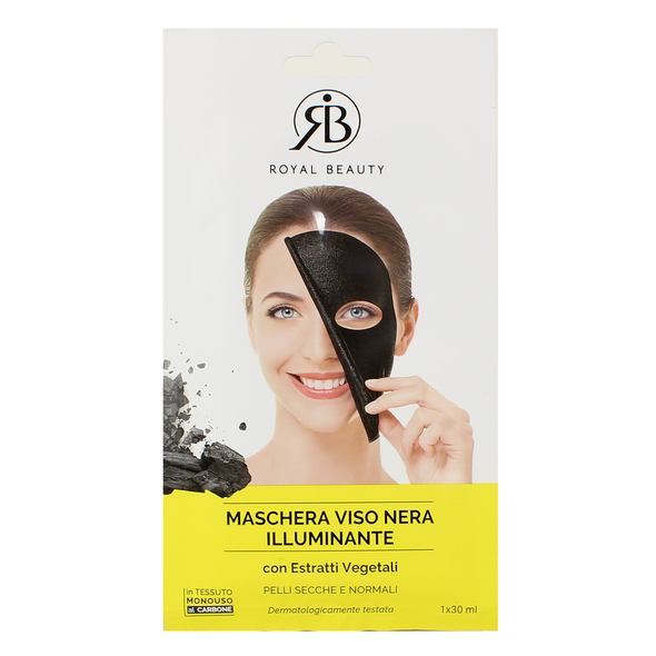 ROYAL BEAUTY MASCHERA VISO NERA PELLI SECCHE E NORMALI IN TESSUTO MONOUSO AL CARBONE 