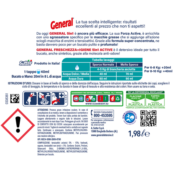 GENERAL DETERSIVO LIQUIDO LAVATRICE 5in1 FRESCHEZZA+IGIENE 44 + 5 LAVAGGI 