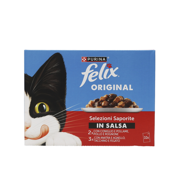 FELIX ORIGINAL 10 BUSTE DA 85 GR. IN SALSA 2 CONIGLIO E POLLAME, 2 POLLO E ROGNONE, 3 ANATRA E AGNELLO, 3 TACCHINO E FEGATO