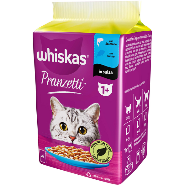WHISKAS PRANZETTI 1+ PESCE BUSTA 6x50gr SALMONE, TONNO IN SALSA