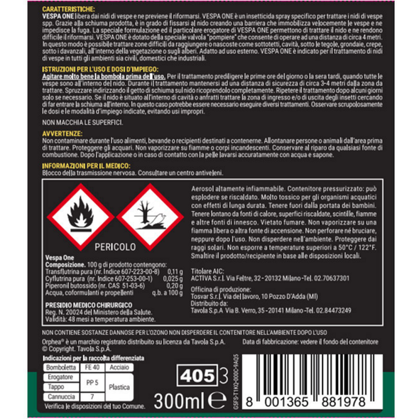 ORPHEA PROTEZIONE CASA INSETTICIDA VESPA ONE SCHIUMOGENO 300 ML