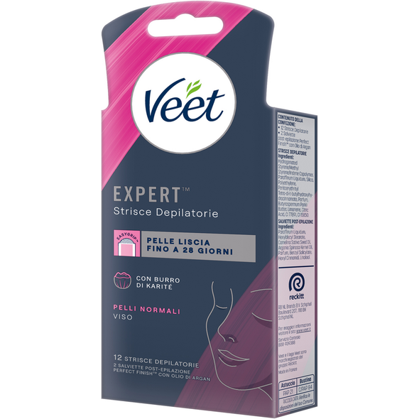 VEET 12 STRISCE DEPILATORIE VISO PELLI NORMALI CON BURRO DI KARITE'