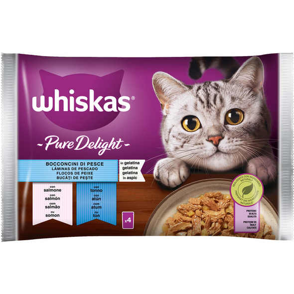WHISKAS PURE DELIGHT BOCCONCINI DI PESCE BUSTA 4x85gr SALMONE, TONNO IN GELATINA