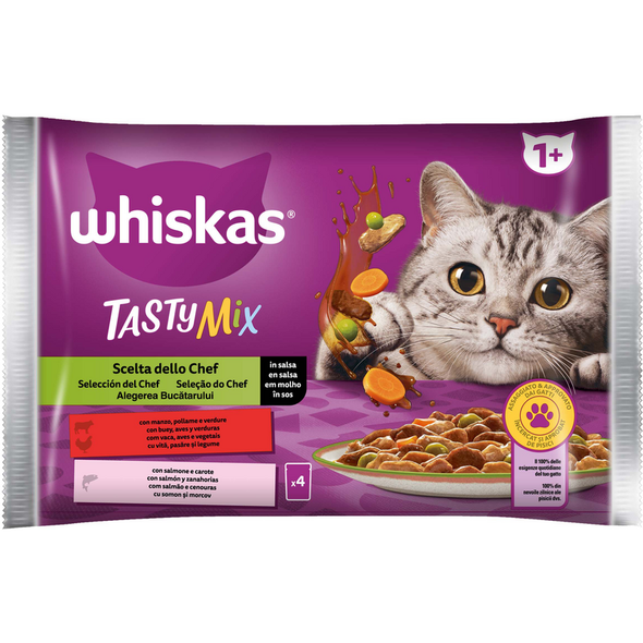 WHISKAS TASTY MIX 1+ SCELTA DELLO CHEF BUSTA 4x85gr MANZO/POLLAME/VERDURE, SALMONE/CAROTE IN SALSA