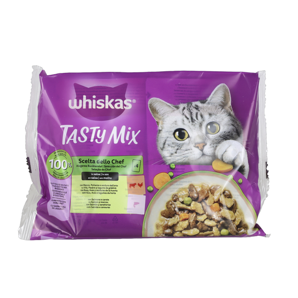 WHISKAS TASTY MIX 1+ SCELTA DELLO CHEF BUSTA 4x85gr MANZO/POLLAME/VERDURE, SALMONE/CAROTE IN SALSA