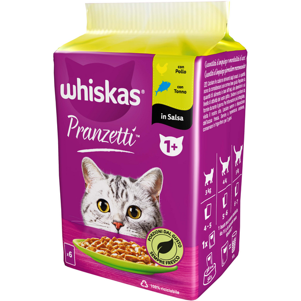 WHISKAS PRANZETTI 1+ MARI&MONTI BUSTA 6x50gr POLLO, TONNO IN SALSA