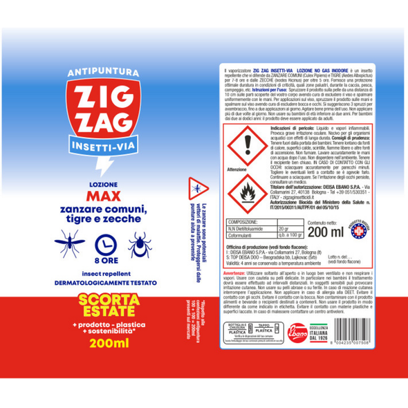 ZIG ZAG INSETTI VIA ANTIPUNTURA LOZIONE ZANZARE COMUNI, TIGRE e ZECCHE 200 ML 