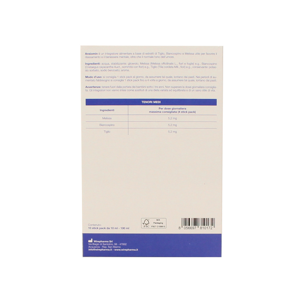 WIREPHARMA ANSIOMIN CON MELISSA, BIANCOSPINO E TIGLIO 10 STICKS INTEGRATORE ALIMENTARE 