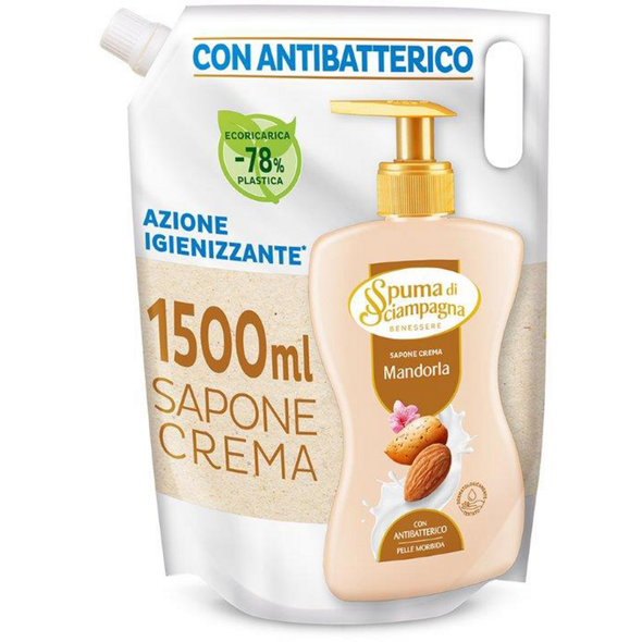 SPUMA DI SCIAMPAGNA SAPONE LIQUIDO CREMA CON ANTIBATTERICO MANDORLA AZIONE IGIENIZZANTE ECORICARICA BUSTA 1500 ML