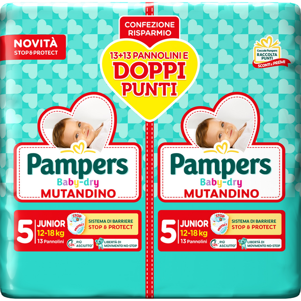 PAMPERS BABY DRY MUTANDINO 5 JUNIOR 12-18 KG 13+13 PEZZI PACCO DOPPIO