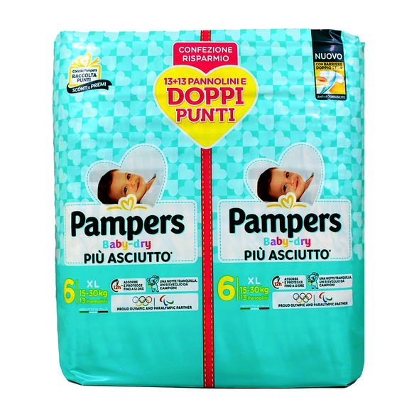 PAMPERS BABY DRY 6 XL 15-30 KG 13+13 PEZZI  PACCO DOPPIO