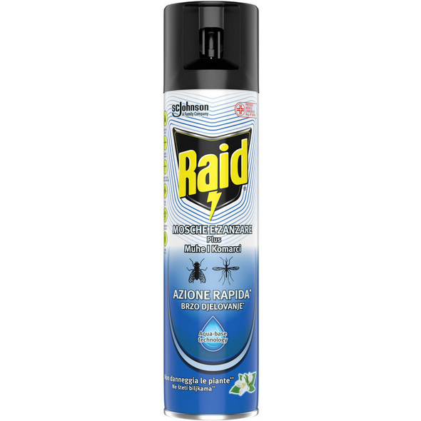 RAID INSETTICIDA SPRAY MOSCHE e ZANZARE PLUS AZIONE RAPIDA AQUA-BASE TECNOLOGY 400 ML