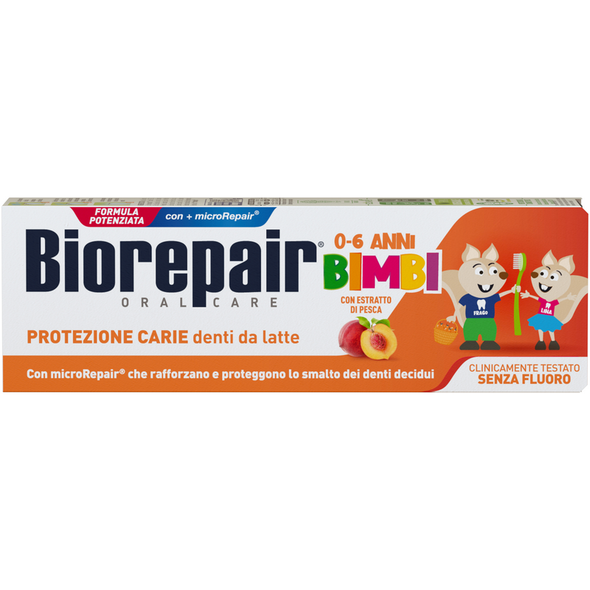 BIOREPAIR DENTIFRICIO BIMBI 0-6 ANNI PROTEZIONE CARIE DENTI DA LATTE SENZA FLUORO CON ESTRATTO DI PESCA 50 ML