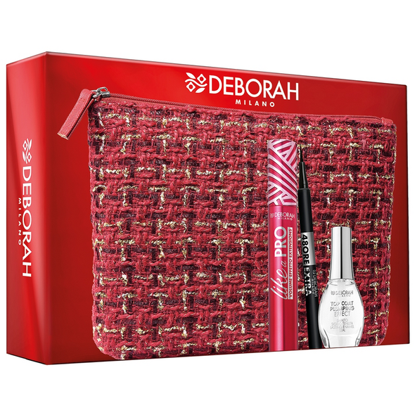 DEBORAH POCHETTE FODERATA COLORE ROSSO CONTENENTE: MASCARA LIKE A PRO + EYELINER 48H + SMALTO GEL EFFECT TOP COAT