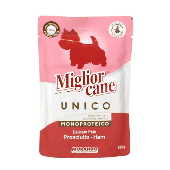 MIGLIOR CANE UNICO DELICATO PATE' DI PROSCIUTTO PER CANI INFERIORI A 10 KG BUSTA 100 grammi