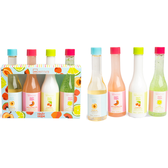 IDC INSTITUTE FRUIT FARM SET 4 BOTTLE 120 ML ( SHOWER GEL PEACH - BUBBLE BATH WATERMELON - BODY LOTION CHERRY - BODY SCRUB LIME)