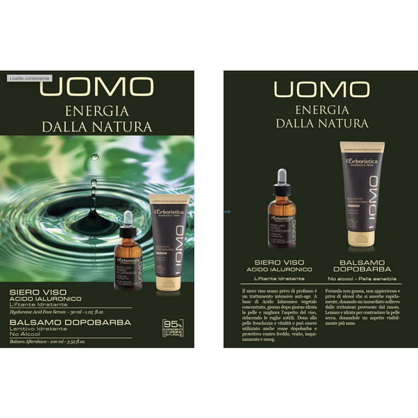 L'ERBORISTICA COFANETTO UOMO ENERGIA DALLANATURA: SIERO VISO ACIDO IALURONICO LIFTANTE IDRATANTE 30 ML + BALSAMO DOPOBARBA LENITIVO IDRATANTE TUBO 100 ML   