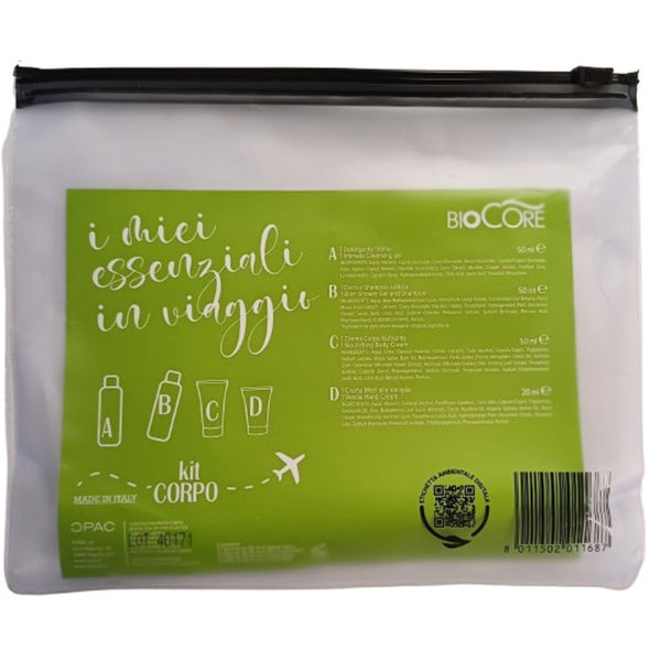 BIOCORE POCHETTE CORPO KIT TRAVEL ADVENTUR 4 PRODOTTI: DOCCIA SHAMPOO, IGIENE INTIMA, CREMA CORPO NUTRIENTE, CREMA MANI. 
