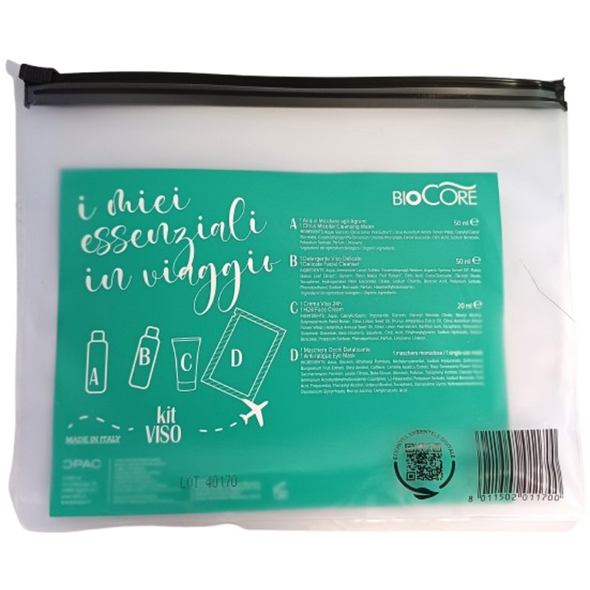 BIOCORE POCHETTE VISO KIT TRAVEL RICHER 3 PRODOTTI; ACQUA MICELLARE 50 ML - DETERGENTE VISO 50 ML - CREMA VISO H24 TUBO 20 ML - MASCHEDA OCCHI IN TESSUTO