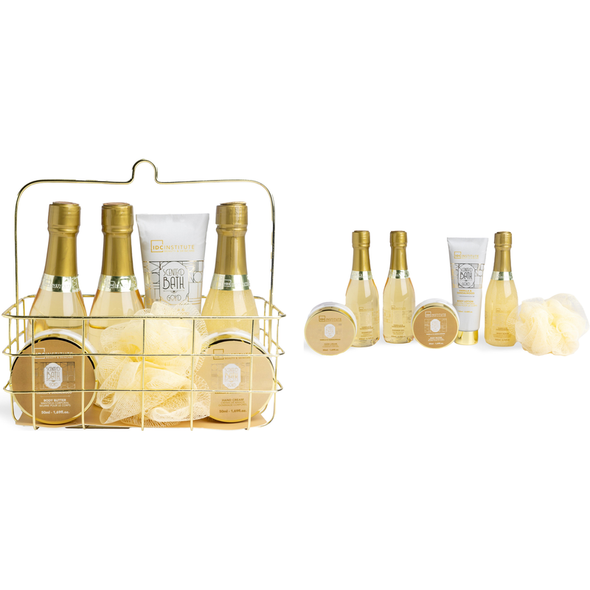 IDC INSTITUTE COFANETTO CESTINO GOLD SET BAGNO VANILLA & SANDALWOOD 7 PEZZI; SHOWER GEL 200 ML - SHAMPOO 200 ML - BODY SCRUB 200 ML - BODY LOTION 130 ML - HAND CREAM 50 ML - BODY BUTTER 50 ML - BATH PUFF 